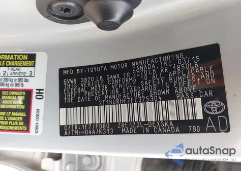 2015 Toyota Corolla S Plus из США, поврежденный, VIN 2T1BURHE7FC375304